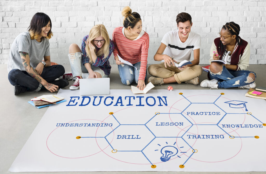 Group of diverse students sitting on the floor, discussing about education with a large chart showing lesson, practice, knowledge, drill and training.